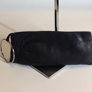 Black Genuine Leather Round Metal Wristlet